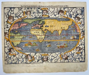 WORLD MAP 1578 SEBASTIAN MUNSTER LARGE UNUSUAL ANTIQUE ENGRAVED MAP - Picture 1 of 13