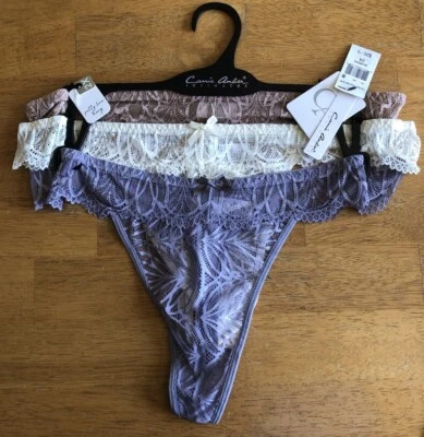 Carrie Amber Intimates Set of 3 Thong Lace Panties Size 2X Purple Cream Beige - Image 1 of 4