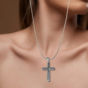 14K White Gold over 925 Solid Sterling Silver Luxury High Polished Cross Pendant - Picture 1 of 6
