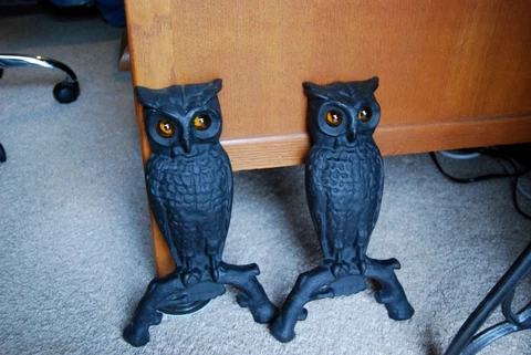 Cast Iron Owl Andirons Clear Amber Eyes 13" Tall 15" Log Holders Cover