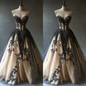 Gothic Champagner Brautkleider Schwarz Spitze Herzausschnitt A Linie Brautkleider - Bild 1 von 9