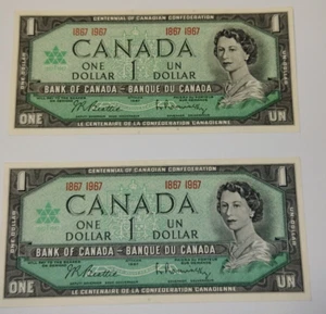 Lot of 2 One 1 DOLLAR 1967 OTTAWA CANADA UNC NOTE - Picture 1 of 2