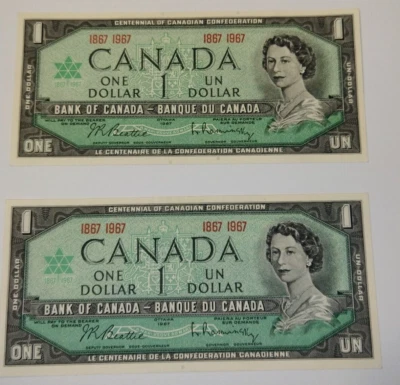 Lot of 2 One 1 DOLLAR 1967 OTTAWA CANADA UNC NOTE - Image 1 of 2