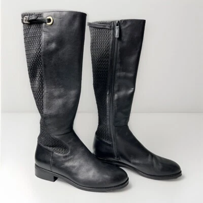 Cole Haan Grand OS Tall Riding Boots Lexi Black Leather/Stretch Woven 8 B Zip - Image 1 of 4