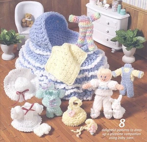 Doll Pattern Bassinet Bag Crochet Set 8 Pieces 4ply Wool 4 ½ " Peach Dolly - Picture 1 of 2