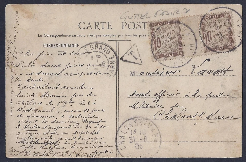 FRANCE 1905 GUTTER PAIR POSTAGE DUE WITH T IN TRIANGLE ON POST CARD VIEW OF CAMP - Image 1 of 2