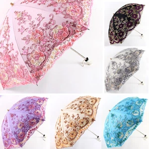 Ladies Vintage Lace Umbrella Rain Sun Parasol Folding Flower Embroidery Umbrella - Picture 1 of 18