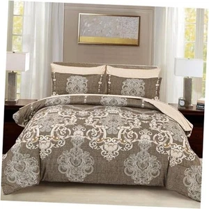 Comforter Set, 7 Pieces Boho Bed in a Bag for Bed Damask Comforter Queen Brown - Picture 1 of 7