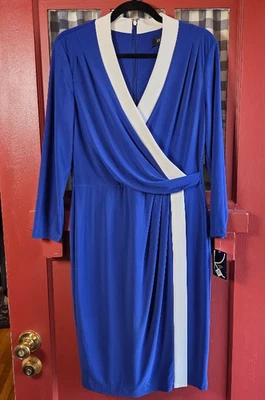 Kasper Women's Blue Long Sleeve w/White Trim Rear Zip Midi Dress Size M NWT - Image 1 of 4
