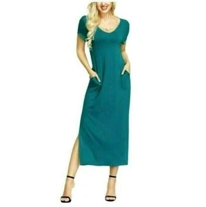NEW! INK+IVY Short Sleeve Double V Neck T Shirt Maxi Dress Stretch Pockets Small - Picture 1 of 10