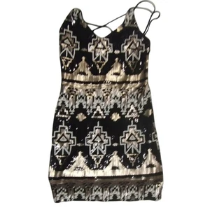 City Triangles Black Gold Sequin Mini Dress Sz 9 Party Cocktail Clubwear - Picture 1 of 12