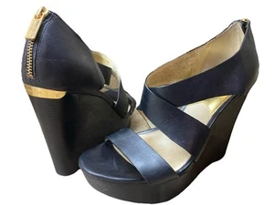 MICHAEL KORS Elena Leather Platform Wedge Sandal Heels - Black Size 8 - Picture 1 of 8