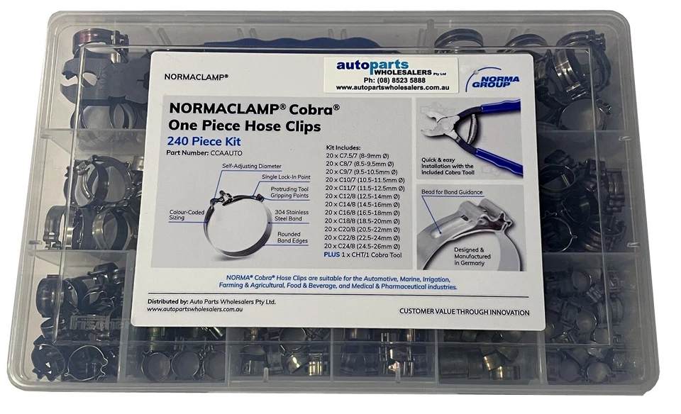 NORMA COBRA HOSE CLIPS CLAMPS AUTOMOTIVE KIT 240 PIECES WITH INSTALLATION PLIERS - image 1 of 4