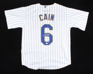 Lorenzo Cain Signed Milwaukee Brewers Majestic Jersey JSA COA Blue Pinstripes! - Picture 1 of 3