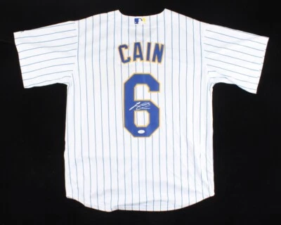 Lorenzo Cain Signed Milwaukee Brewers Majestic Jersey JSA COA Blue Pinstripes! - Image 1 of 3