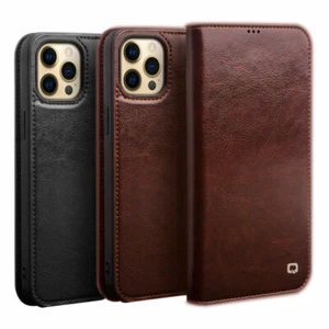 Funda tipo billetera abatible de cuero real genuino QIALINO para iPhone 16e 15 14 13 12 Pro Max - Imagen 1 de 21