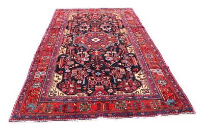 Alfombra geométrica tribal fina vintage turca 5' 6" x 9' 6" azul hecha a mano Foto 1 de 4