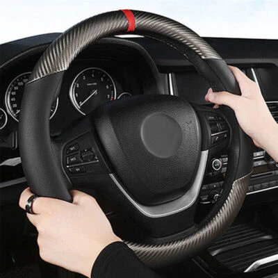 15" Sports Carbon Fiber Car Steering Wheel Cover Leather Anti-slip Accessories - Image 1 of 4