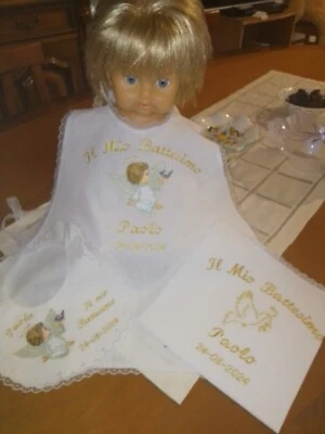  Set Camicino  Fazzoletto  E Bavetta  Battesimo Ricamato  - Immagine 1 di 4