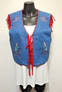 Vintage Patricia Wolf Denim Vest Size M Plaid Hand Painted Rodeo Western - Picture 1 of 12