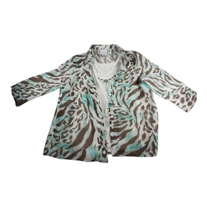 Alfred Dunner Sea Green Brown 3/4 Sleeve embellished shell with sheer Blouse 14 - Picture 1 of 8