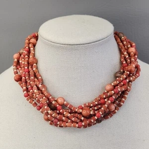 Miriam Haskell Beaded Necklace Vtg Layered Orange Coral Gold Tone Box Clasp 17.5 - Picture 1 of 19