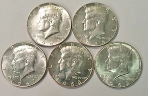 5 KENNEDY 40% SILVER HALF DOLLARS 1965 1966 1967 1968 1969 AU UNC - Picture 1 of 4