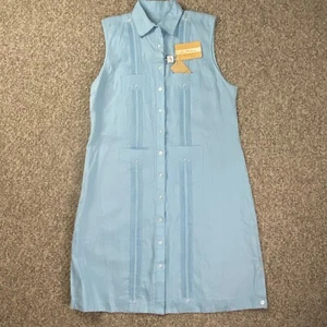 La Habana Dress Extra Large Light Blue Button Up Sleeveless Pockets 100% Linen - Picture 1 of 18