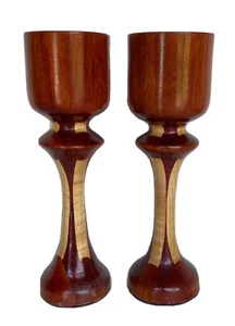 Paar Drehbank gedrechselte Vintage Intarsien hohe Stumpenkerzenhalter 9+" - Bild 1 von 6