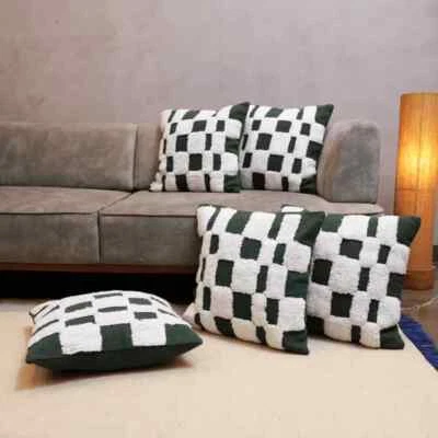 5 Pic Green Geometric Boho Style Tufted Cushion Cover  Stripe Decorative Cushion - Image 1 of 4