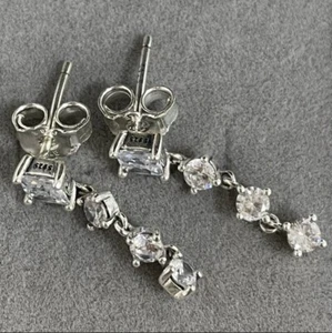 NEW Genuine Pandora Sparkling Round & Square Dangling Stud CZ Earrings 290045C01 - Picture 1 of 7