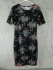 LulaRoe Julia Dress Womens Small S Black Teal Coral Aztec Southwest Geometric - Picture 1 of 7