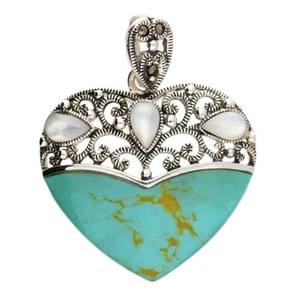 Sterling Silver Heart Pendant Turquoise Marcasite and Mother of Pearl 925 Stamp - Picture 1 of 3