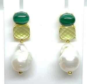 New Gold on St. Silver Malachite, Green Fluorite & Baroque Pearl Dangle Earrings - Picture 1 of 11