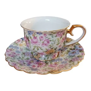 Taza y platillo Chintz sello dorado rosa multicolor floral - Imagen 1 de 4