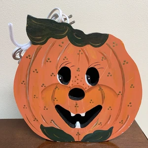 Vintage Light Up Wooden Halloween Pumpkin Jolly Jack O Lantern Hand Painted - Picture 1 of 8