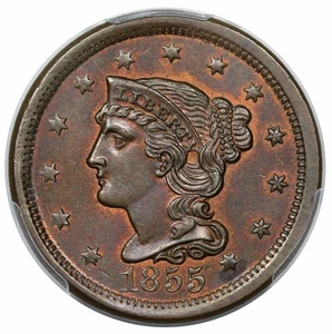 1855 Braided Hair Large Cent, Upright 55, N-3, PCGS MS64BN CAC - Picture 1 of 4