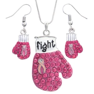 Pink Ribbon Breast Cancer Awareness Boxing Gloves Necklace Pendant Earrings Set - Picture 1 of 4