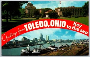 Postcard Greetings from Toledo Ohio OH Civic Center Key to the Sea Dual View - Picture 1 of 2