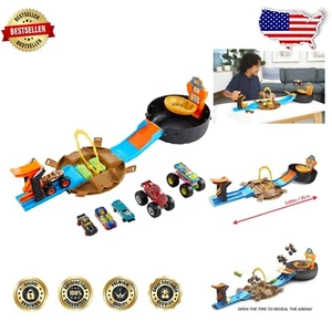 Portable Tire-Shaped Stunt Playset with 3 Monster Trucks & 3 Cars (1:64 Scale) - Picture 1 of 9