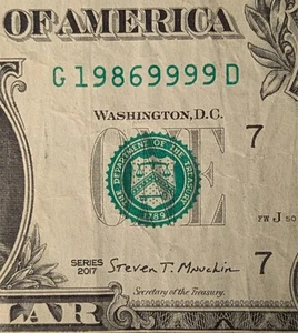 Billete de $1 2017 serie elegante, billete de fecha de cumpleaños 09 de septiembre de 1986. G 19869999 D - Imagen 1 de 3