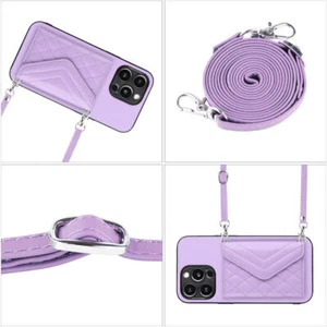 Crossbody Grid Leather Card Slot Phone Case for iPhone 15 14 13 12 11 Pro Max XR - Picture 1 of 18