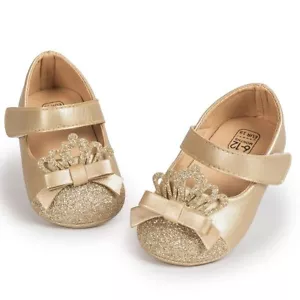 Infant Baby Girls Mary Jane Flats Bow Non-Slip Soft Sole (HM1631 Gold,1) - Picture 1 of 7