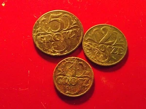 SET 3 POLAND COINS 5 Groszy 1937 2 Grosze 1938 Grosz 1927 brass - Picture 1 of 8