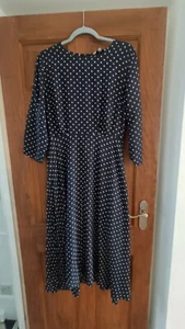 Next Navy Polka Dotted Cotton Midi Dress Size 14 - Picture 1 of 3