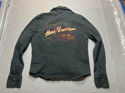 Harley Davidson рубашка женщин L черный в полоску страны мотоциклиста свинья логотип Workwear - Изображение 1 из 4
