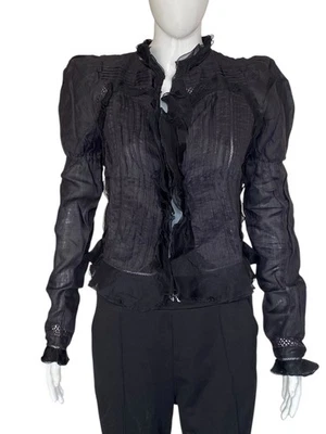 Isabel Marant Women's Victorian Black Ramie Silk Ruffle Blouse Tunic Top L 42 - Image 1 of 4