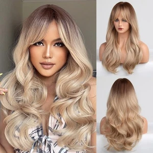 Long Blonde Wigs for Women Wave Curly Wig with Bangs Natural Brown Roots Synt... - Picture 1 of 6