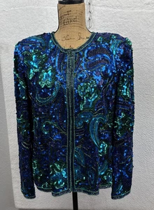 Vintage Laurence Kazar schwarz blau grün Perlen Pailletten Seide Jacke Damen PL ** - Bild 1 von 24