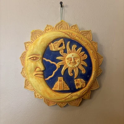 "Placa de pared Luna Sol pintada a mano colgante del suroeste 11,5"" arte de cerámica mexicano" Foto 1 de 4